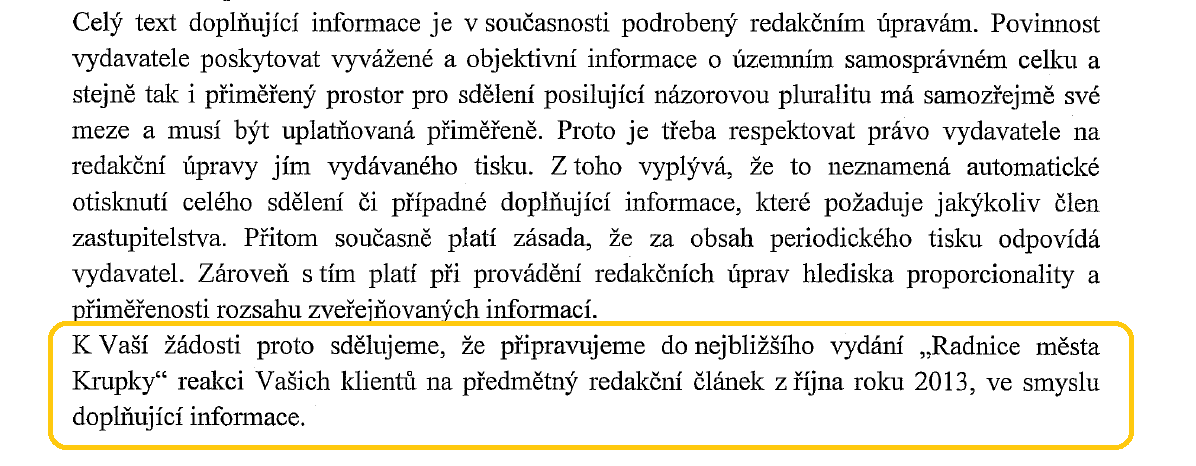 Reakce vydavatele, Krupka První reakce