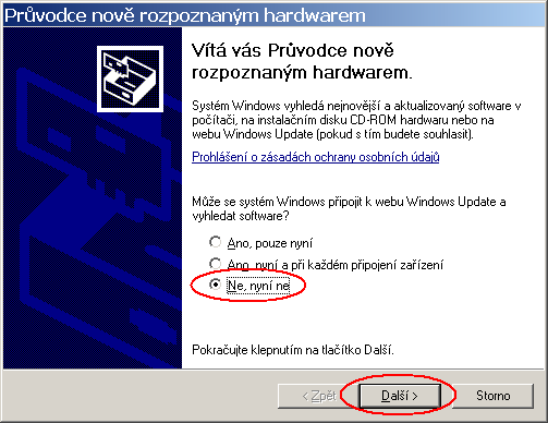 4) V dalším okně zvolte zaškrtávací políčka podle obrázku (vyznačeno červeně) a zvolte pomocí tlačítka Procházet (označeno modře) adresář, ve kterém máte připravené ovladače (označen zeleně).