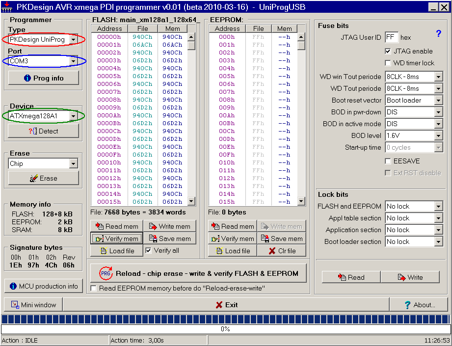 6.4 Programování AVR Xmega MCU přes PDI rozhraní AVR PDI programmer 1) Připojte UniProg-USB bez jakéhokoliv adaptéru k základové desce kabelem PDI-PFL10 do konektoru PDI.