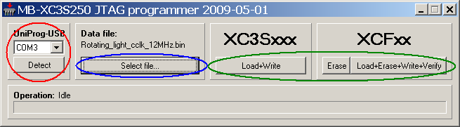 6.5 Programování XC3S250E-TQ144 FPGA přes JTAG rozhraní XC3S250E JTAG programmer 1) Připojte UniProg-USB bez jakéhokoliv adaptéru k základové desce kabelem PFL10-PFL10 do konektoru JTAG.