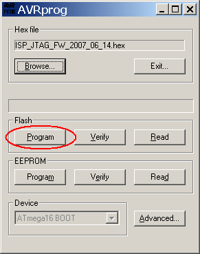 9) V případě, že je vše v pořádku, zobrazí se okno AVR PROGu. Tlačítkem Browse zvolte soubor s firmwarem, který chcete do UniProg-USB zapsat (nejnovější verze je vždy dostupná na [1]).