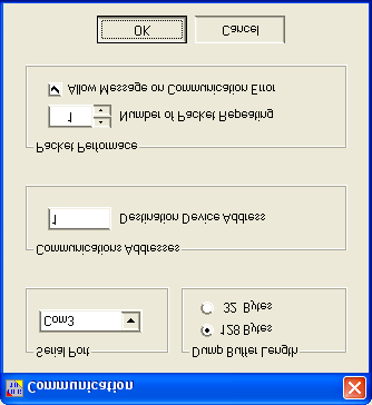 Do položky Serial port nastavte číslo COM portu, které jste zjistili v okně Správce zařízení, které je uvedeno výše. Ostatní nastavení proveďte dle uvedeného okna Communication.