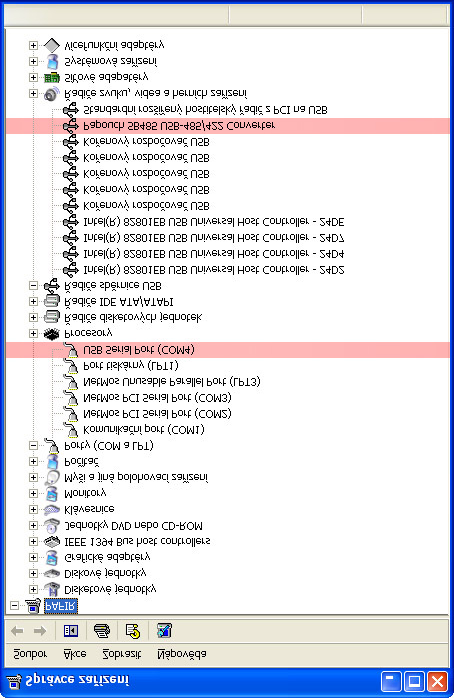 3.3 Zjištění portu v operačním systému Podíváte-li se nyní do Správce zařízení, uvidíte po kliknutí na položku Porty přidaný COM, na kterém je k dispozici linka RS485 nebo RS422.