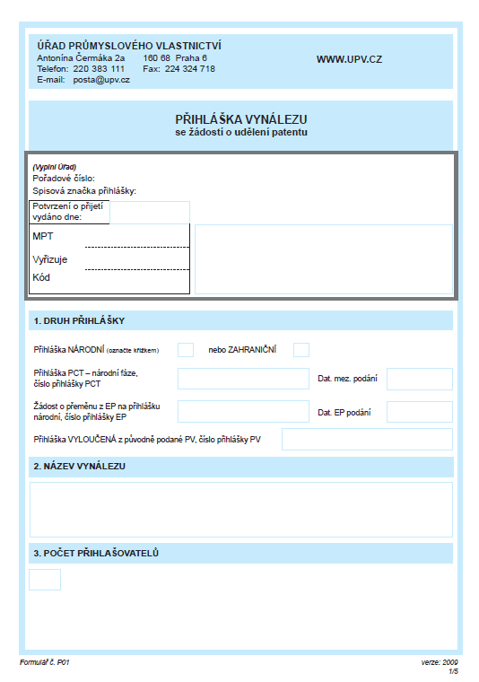 Přihláška vynálezu tiskopis přihlášky se žádostí o