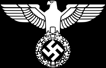 e) Život pod hákovým křížem Nacistické Německo: státní vlajka s hákovým křížem (původně vlajka NSDAP), znak nacistického Německa, na němž byl hákový kříž spojen s tradiční německou říšskou orlicí, a