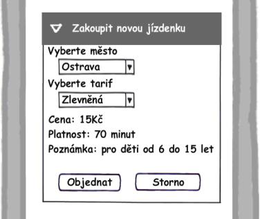 Prototyp zakoupení jízdenky pro Prahu a Ostravu Po kliknutí na Zakoupit novou sms jízdenku se zobrazí následující okno.