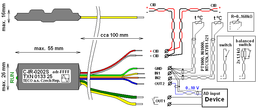 14.6 C-IR-0202S Modul C-IR-0202S je určen pro připojení dvou snímačů teploty nebo binárních signálů, ovládání silovým kontaktem relé a ovládací analogové napětí přímo na elektroinstalační sběrnici