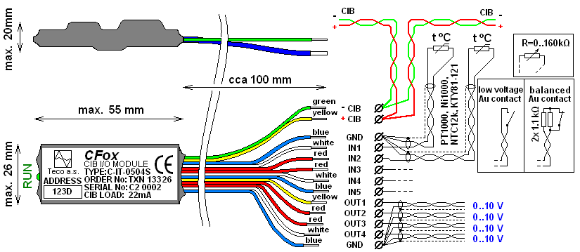 14.7 C-IT-0504S Modul C-IT-0504S (obj. č.: TXN 133 26) je určen pro připojení analogových nebo binárních signálů a analogových výstupů 0 10 V přímo na elektroinstalační sběrnici CIB.