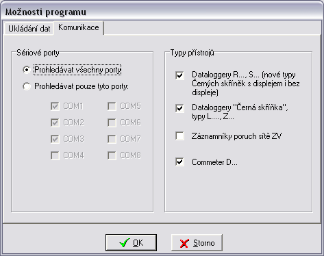 Obr.13 V možnostech na záložce Komunikace v Programu pro dataloggery zkontroluje