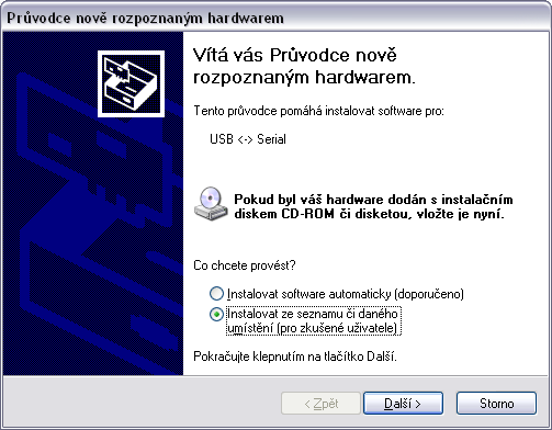 2. Instalace SW Připojení dataloggeru k PC by mělo vyvolat otevření Průvodce rozpoznaným hardwarem.