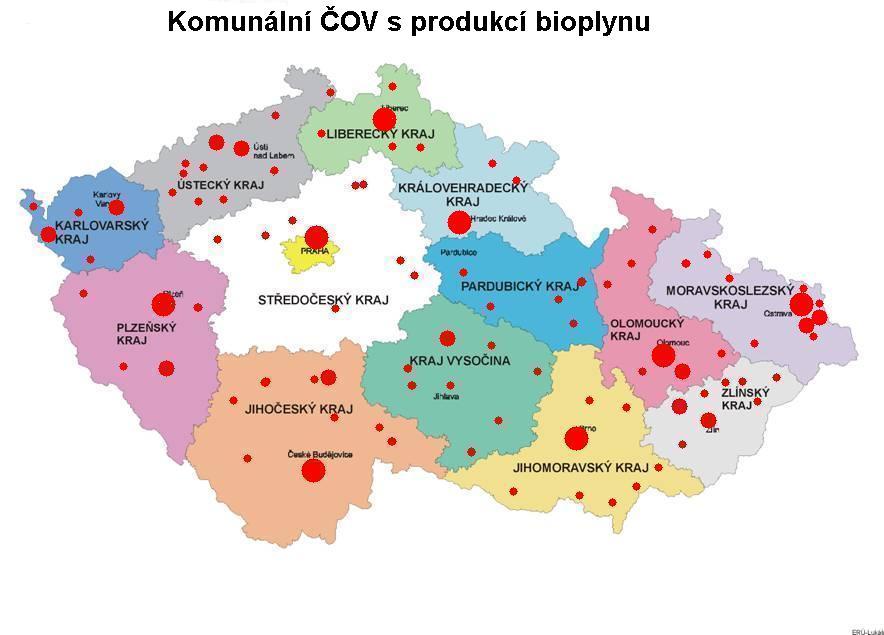 Zhruba 100 komunálních čistíren s produkcí bioplynu ( >25