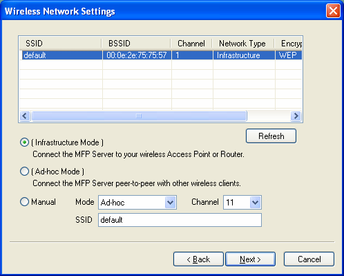 10. Okno Wireless Network Settings (Nastavení bezdrátové sítě) vám umožní konfigurovat připojení bezdrátového MFP Serveru k bezdrátovému routeru, Access pointu nebo point-to-point ad-hoc připojení.