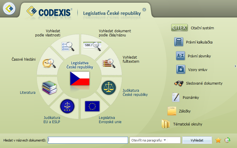 Codexis Uživatelská příručka 14 3.6 HISTORIE VYHLE 4.7 ČASOVÉ VYHLE 4.8 VYHLE PODLE Začátky práce s programem Okno rozcestníku je rozděleno na několik částí.