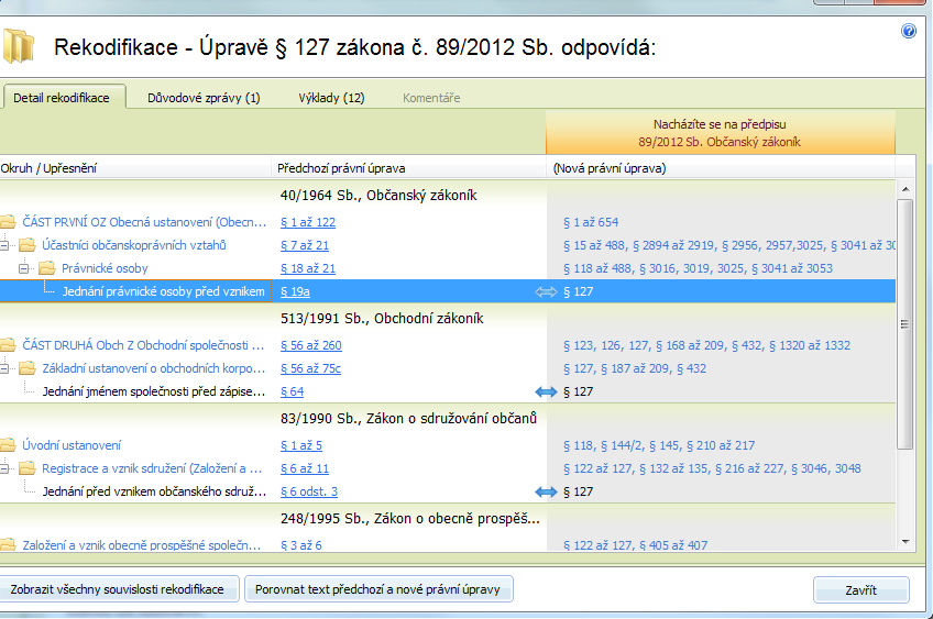 Codexis Uživatelská příručka 68 3.6 HISTORIE VYHLE 4.7 ČASOVÉ VYHLE 4.8 VYHLE PODLE Doplňky 6.4 REKODIFIKACE Funkce rekodifikace je dostupná přes tlačítko v pravé horní části okna dokumentu.