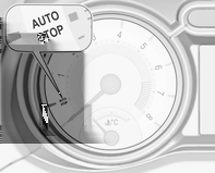 126 Řízení vozidla a jeho provoz Režim Autostop poznáte podle ručičky v poloze AUTOSTOP na otáčkoměru. Během režimu Autostop funguje topení i brzdy.