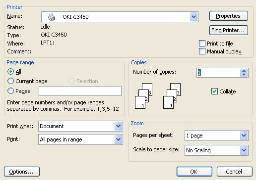 Předvolby tisku v aplikacích systému Windows Po zadání příkazu k vytištění dokumentu v aplikaci systému Windows se zobrazí dialogové okno tisku.