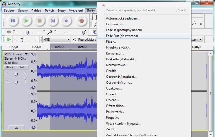 7) Nástrojem pro výběr označíme konec skladby a pomocí nabídky Efekty Fade Out (do ztracena) vytvoříme postupné ztišení skladby. 10) Vybereme požadovaný soubor a stiskneme tlačítko Otevřít.