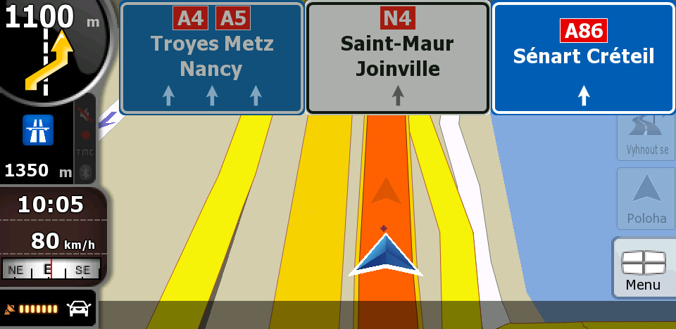 16.2.3 Informace o pruhu a Značky Při navigaci na několikapruhových silnicích je potřeba jet odpovídajícím pruhem, abyste dodržovali doporučenou trasu.