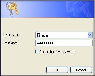 Obrázek 31 2. Do okna v Obrázku 31 vyplňte přihlašovací údaje. Do políčka User name (uživatelské jméno) napište admin, do políčka Password (heslo) pak password.