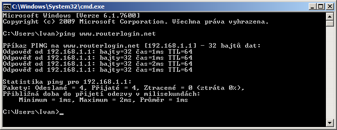 Obrázek 76 Pokud spojení mezi počítačem a routerem není funkční, uvidíte následující zprávu: Vypršel časový limit spojení (Request timed out) Pokud příkaz ping odhalí, že spojení mezi počítačem a