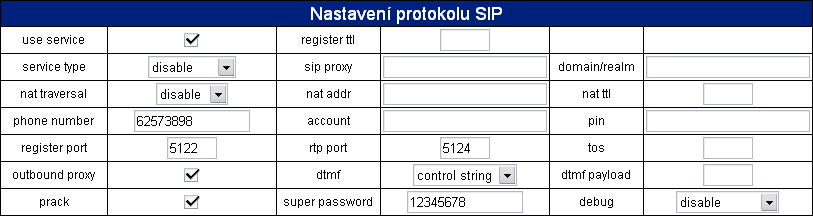 Nastavení protokolu SIP Toto nastavení je dostupné pouze přes administrátorské heslo (defaultně 19750407), ve firmwaru SIP. 1. use service: Zaškrtněte nebo odškrtněte toto políčko pro aktivování nebo deaktivování služby.