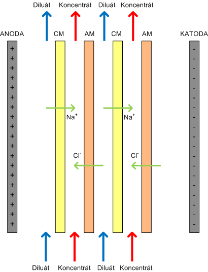 Elektrodialýza Hnací síla: elektrické pole Membrány: kation a anion výměnné Diluát odsolován, koncentrát zasolován Nenabité látky nejsou membránou transportovány, zůstávají v původních roztocích