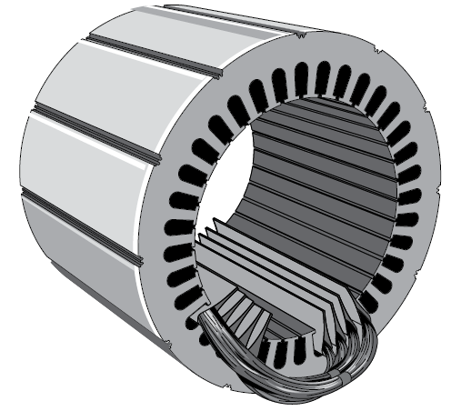 Stator asynchronního stroje Stator je složen z plechů pro elektrotechniku ET (tzv.