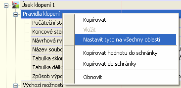 Pro aplikování zvolených pravidel na všechny úseky trasy klepněte pravým tlačítkem myši na řádek Pravidla klopení a vyberte Nastavit tyto na všechny oblasti. e.