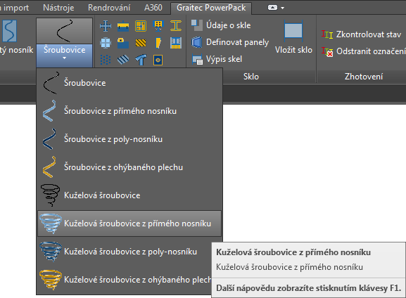 2: ŠROUBOVICE NA KUŽELOVÉ PLOŠE - KŘIVKA / PŘÍMÝ NOSNÍK / POLY-NOSNÍK / OHÝBANÝ PLECH Tento nový příkaz slouží k rychlému a snadnému definování šroubovic na kuželové ploše (z křivky, přímých nosníků,