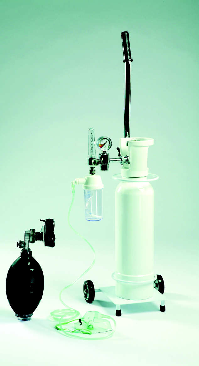 , reducer complete with flowmeter and scrubbler, silicon black reanimation bag, face mask size. Is mounted on a steel trolley with castors.