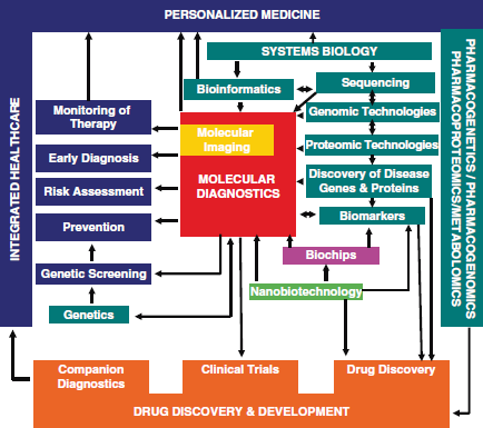 2.1 Molekulární diagnostika ve farmakogenetice Farmakogenetické technologie v personalizované medicíně jsou zobrazeny na Obr. 1. Obr. 2: Různé technologie ve vztahu k personalizované medicíně (Jain, 2009).