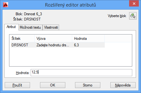 Příprava bloku s atributy drsnosti by mohla vypadat takto: Samotné entity pro výběr do bloku budou tyto (v hladině kóty): Výsledek bude vypadat takto: Pokud blok s atributem vložíme do výkresu,