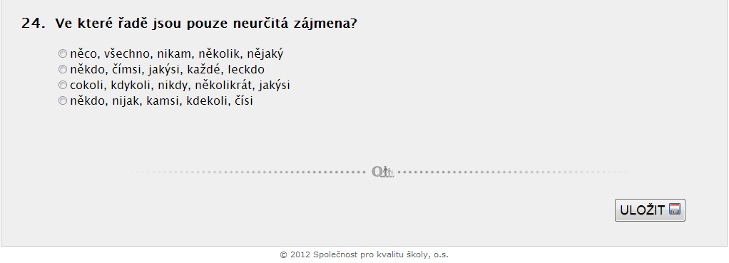 2.3. Testování Po vyplnění všech cvičných otázek se zobrazí test z českého jazyka. Žák pokračuje kliknutím na políčko DÁLE Samotný test je rozdělen do několika dílčích částí.