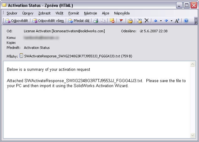 6) Po uložení přeneste soubor s žádostí na jiný počítač připojený k internetu a odtud jej odešlete na emailovou adresu activation@solidworks.com.