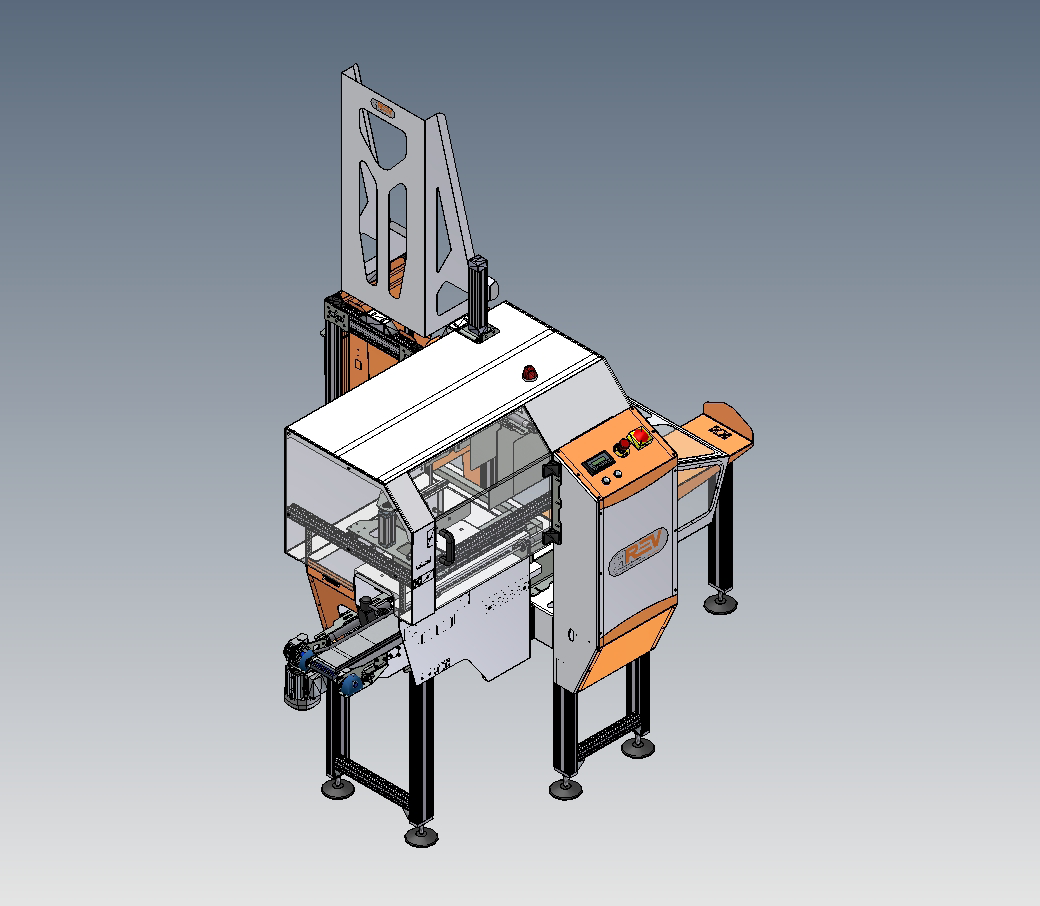 Plnicí systém pro paletky 40 x 30 cm/ 8 košíků REV-ROOSTER 34 Jedná se o patentovaný automatický stroj s velmi vysokou produktivitou pro automatické ukládání 8 košíků na ovoce do speciálních