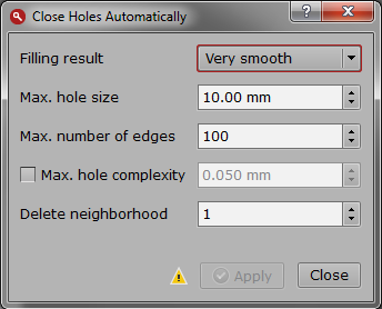 Interaktivní uzavření děr v síti - Close Holes Interactively Funkce se nachází pod ikonou v horním ikonovém menu. Při interaktivním uzavírání děr (Obr.