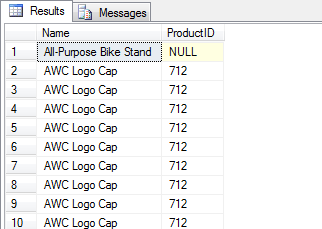 Vnější spojení SELECT p.name, sod.productid FROM Product p LEFT JOIN SalesOrderDetail sod ON (p.productid= sod.