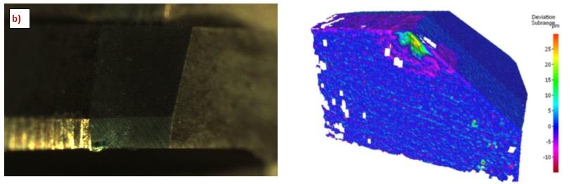 Obr. 7 b) Vlevo opotřebení hlavního břitu nástroje; vpravo diferenční analýza Fig.