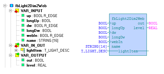 6.5 Funkční blok fblight2dim2web Knihovna : LightsLib Funkční blok fblight2dim2web slouží k dvoutlačítkovému ovládání stmívaného světla ovládaného výstupem 0..10V.