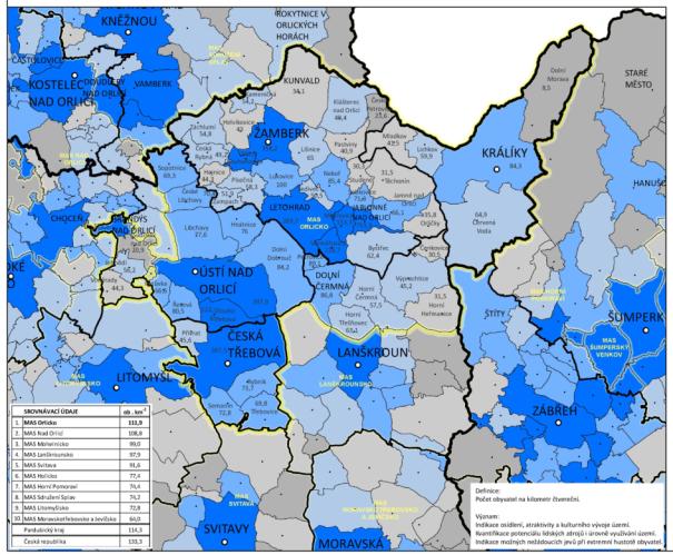 Mapka 2.2.2_3: Hustota zalidnění Zdroj: ČSÚ MOS, 2012 Specifika dle ORP: ORP Česká Třebová: v ORP je zcela dominantní jev migrace obyvatelstva z města Česká Třebová do okolních obcí.