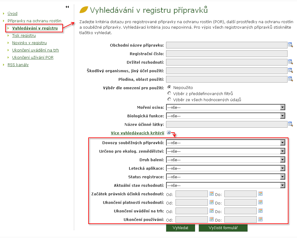 Vyhledávací formulář po