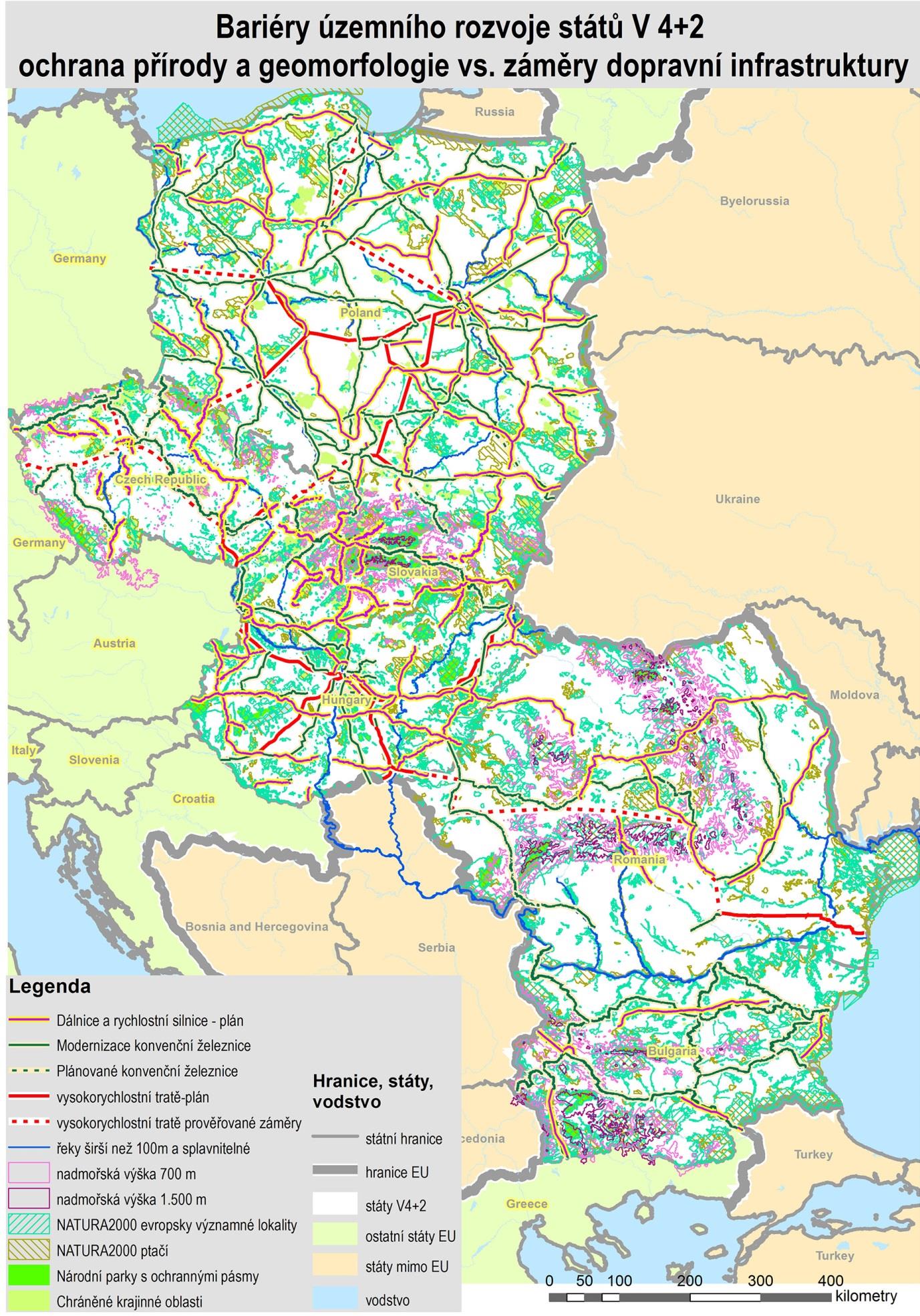 Obr. 22: Vnější a vnitřní přírodní bariéry územního rozvoje státy V4+2 (vč.