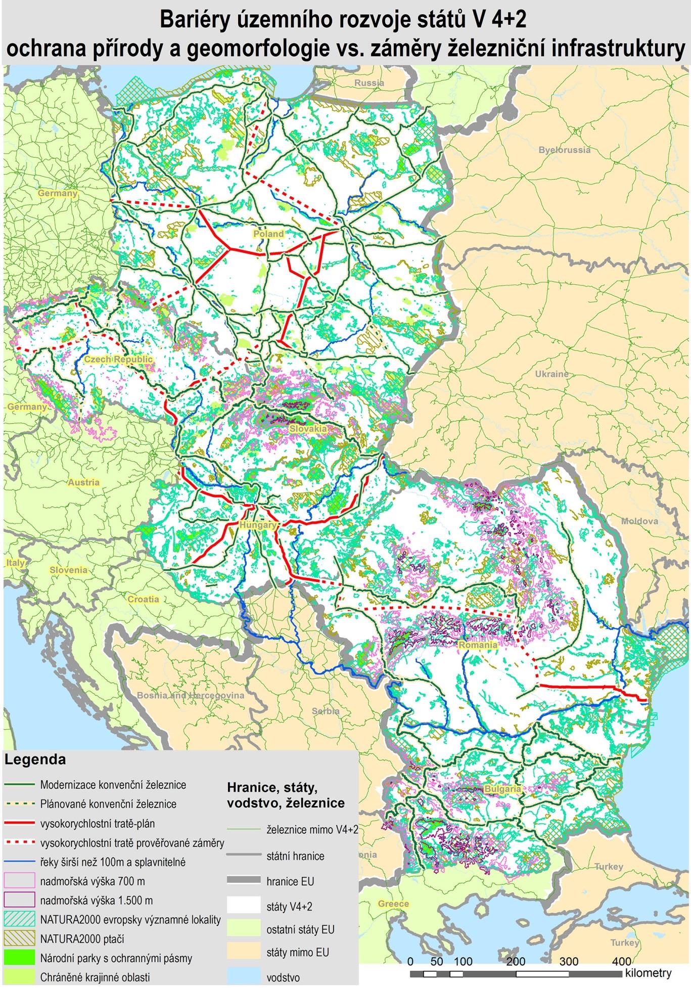 Obr. 23: Vnější a vnitří přírodní bariéry územního rozvoje státy V4+2 (vč.