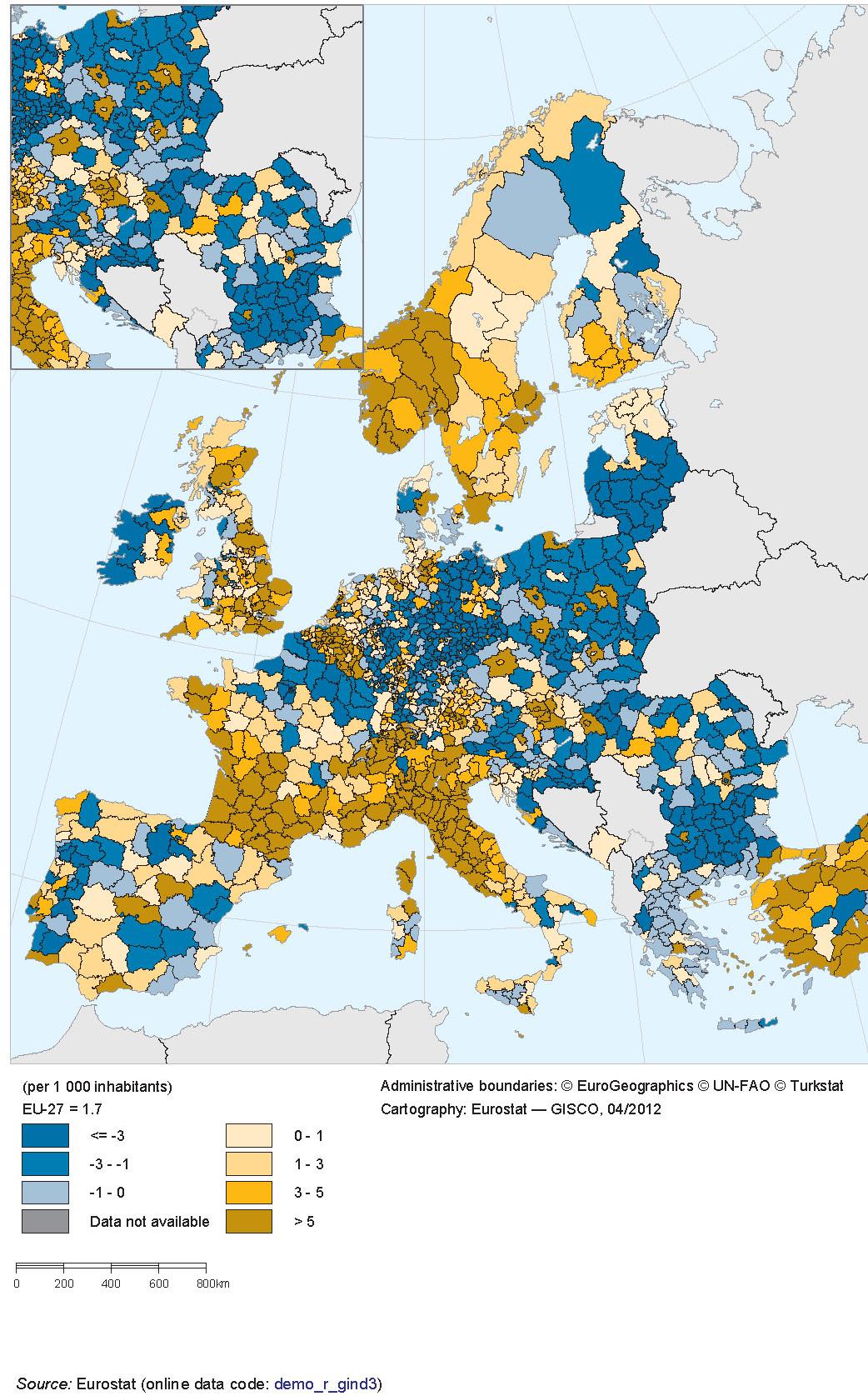 Obr. 10: Migrační saldo v Evropě podle regionů NUTS 3, 2010 (na 1 000