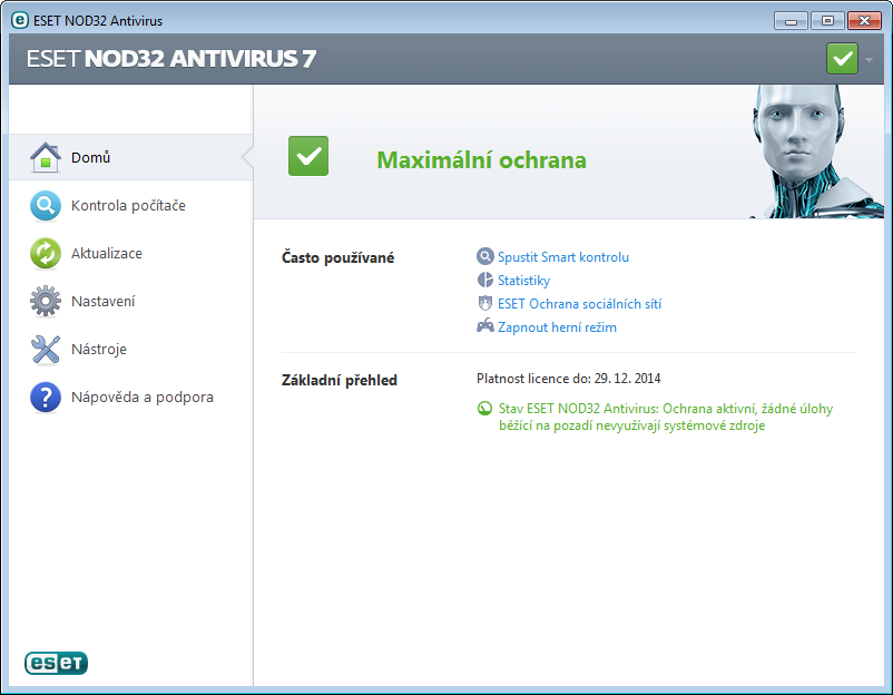 Uživatelské rozhraní Záložka Domů poskytuje v přehledné formě informace o aktuálním stavu ochrany. V sekci Kontrola počítače může uživatel spustit tzv. Smart nebo Volitelnou kontrolu počítače.