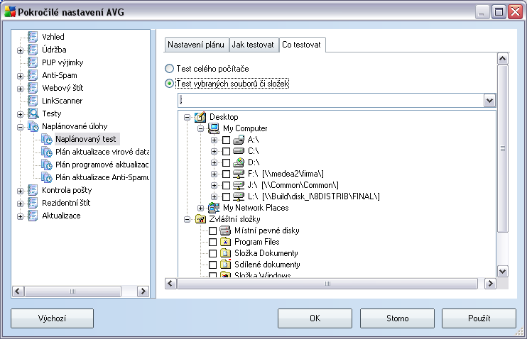 Na záložce Co testovat definujte, zda si přejete naplánovat Test celého počítače nebo Test vybraných souborů či složek.