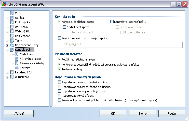 9.9. Kontrola pošty Dialog Kontrola pošty je rozdělen do tří sekcí: Kontrola pošty - v této sekci zvolte, zda chcete kontrolovat příchozí/odchozí poštu a zda má být pošta certifikována vždy nebo jen