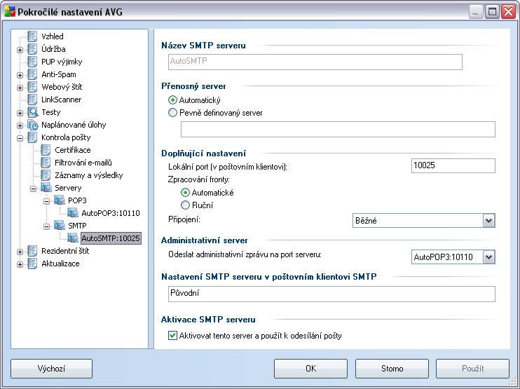 V tomto dialogu (odkaz Servery / SMTP) nastavujete server Kontroly pošty s protokolem SMTP pro odchozí poštu: Název SMTP serveru - zvolte jméno serveru nebo ponechejte přednastavený název AutoSMTP