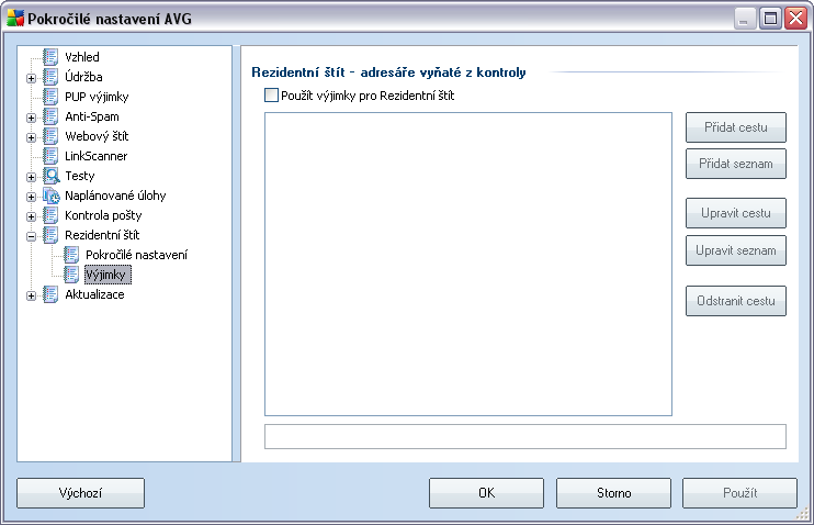 okolností. 9.10.2.Výjimky Dialog Rezidentní štít - adresáře vyňaté z kontroly nabízí možnost definovat adresáře, které mají být z testování Rezidentním štítem vypuštěny.