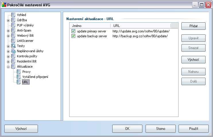 9.11.3.URL Dialog URL nabízí seznam internetových adres, odkud mohou být aktualizační souboru staženy.